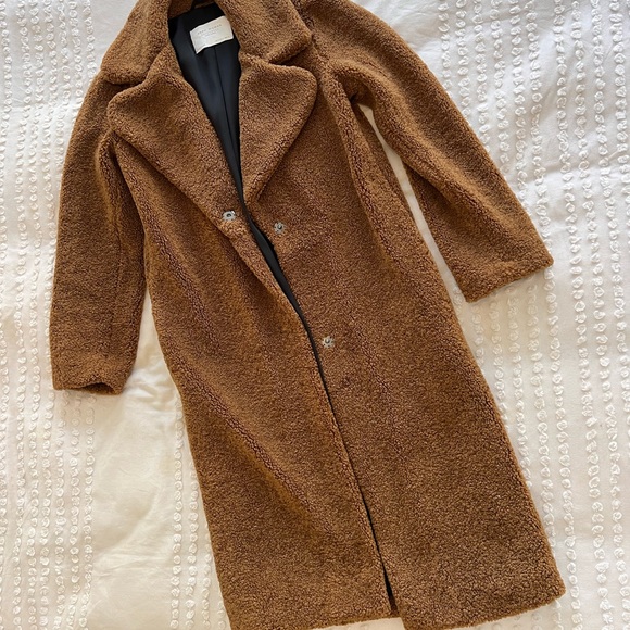 Dark Caramel Brown Women’s Long Teddy Coat Zara Size Small - Picture 2 of 4
